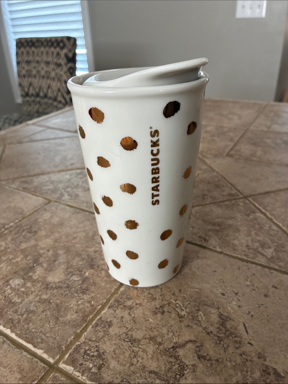 Starbucks White Ceramic Mug with Gold Polka Dots